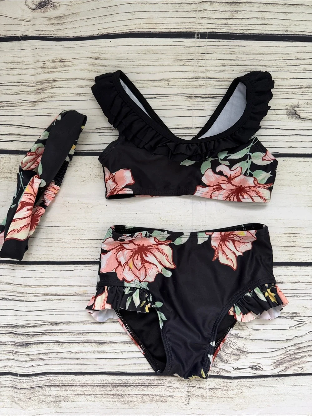 ♡ Girls Boutique Black Floral Ruffle Two-Piece Swim Set with Headband 4T